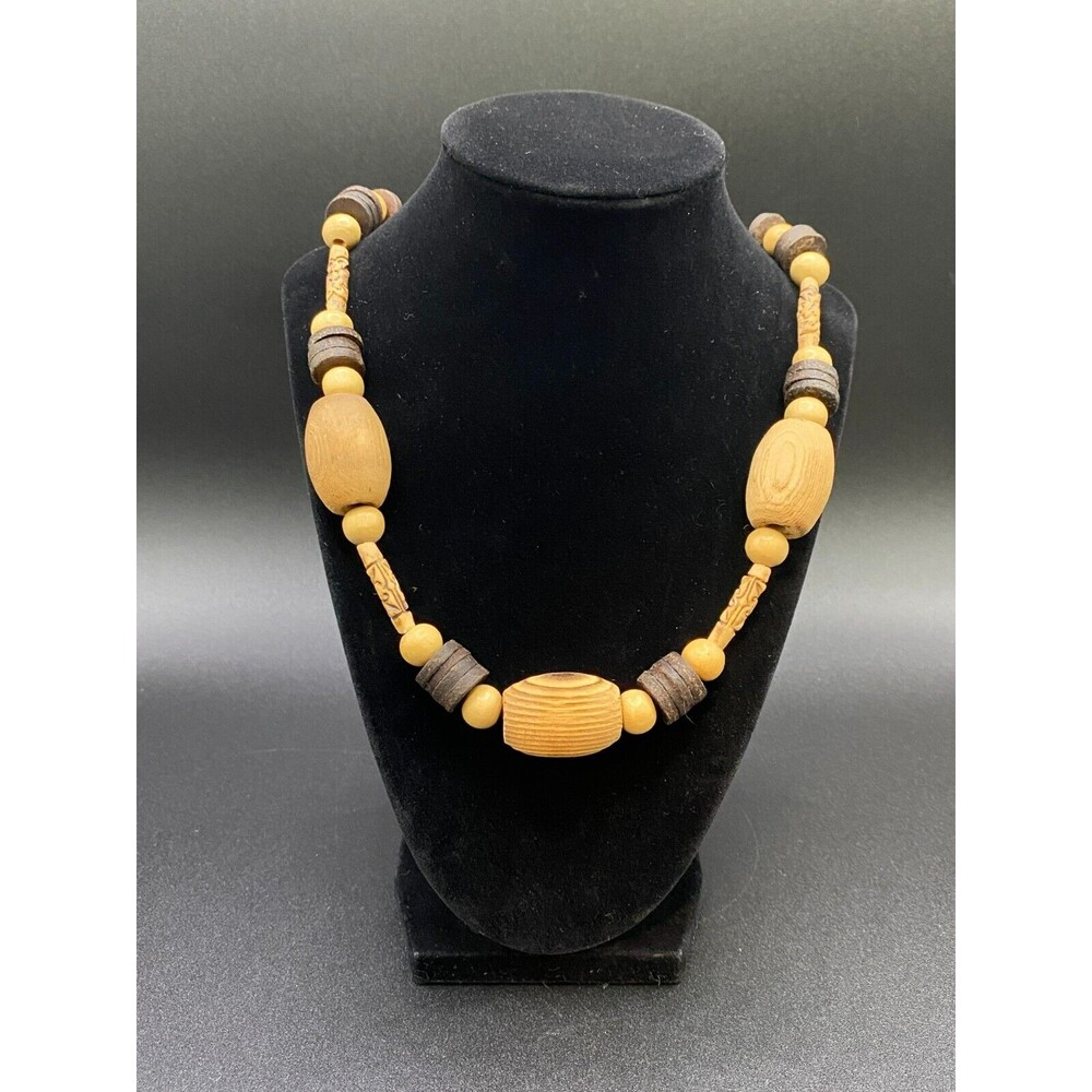 Vintage Carved & Multi Tone Wood Bead Necklace – Rustic Boho Style